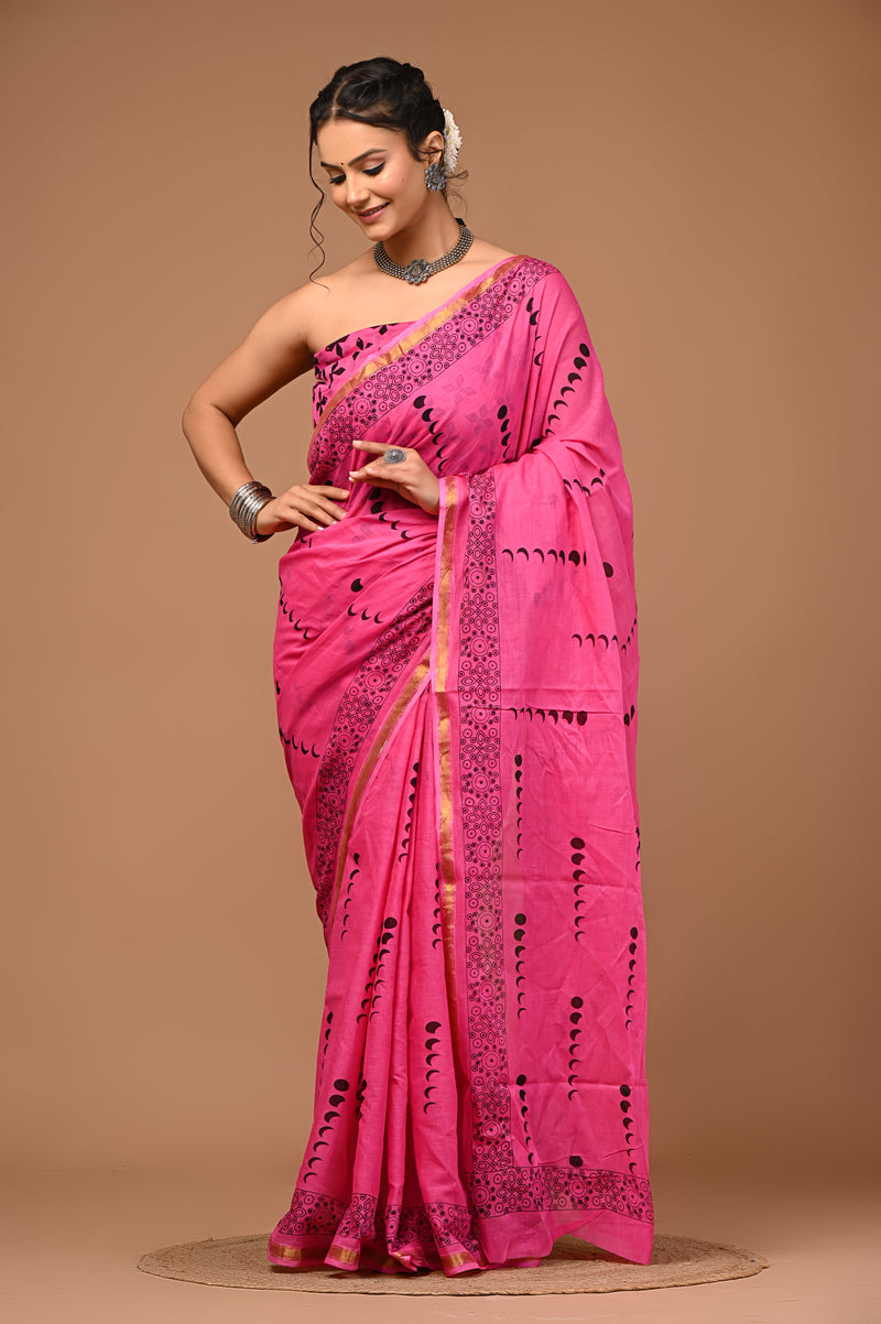 Lovwear Anaya Hot Pink Cotton Mulmul Saree with Elegant Zari Border - Fabric Texture View