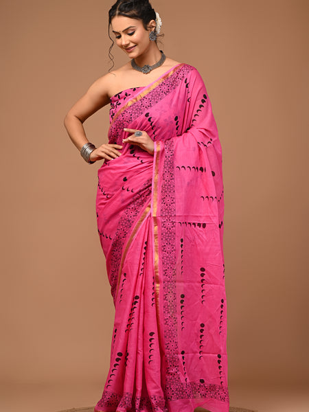 Lovwear Anaya Hot Pink Cotton Mulmul Saree with Elegant Zari Border - Fabric Texture View