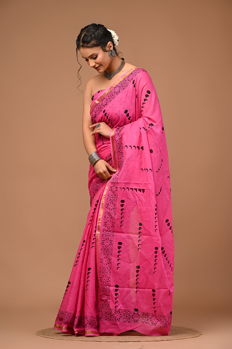 Lovwear Anaya Hot Pink Cotton Mulmul Saree with Elegant Zari Border - Pleats & Full Length View