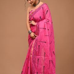 Lovwear Anaya Hot Pink Cotton Mulmul Saree with Elegant Zari Border - Pleats & Full Length View