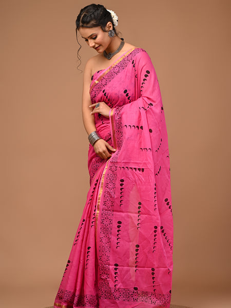 Lovwear Anaya Hot Pink Cotton Mulmul Saree with Elegant Zari Border - Pleats & Full Length View