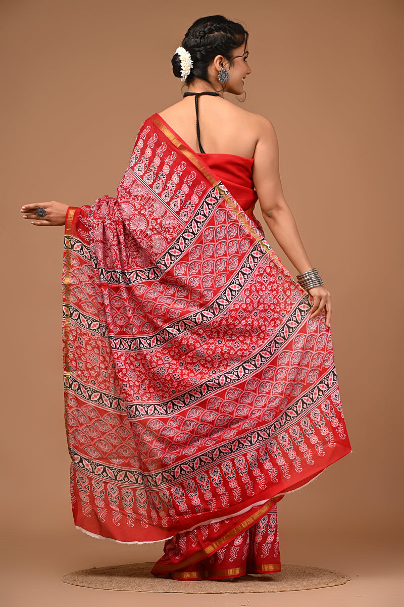 Lovwear Kashvi Bright Red Cotton Mulmul Saree with Classic Ethnic Print - Front View