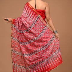 Lovwear Kashvi Bright Red Cotton Mulmul Saree with Classic Ethnic Print - Front View