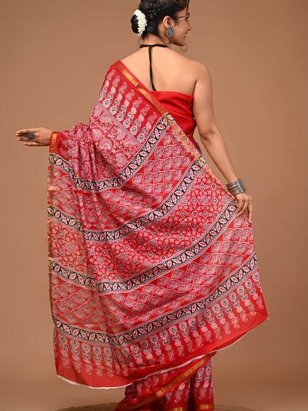 Lovwear Kashvi Bright Red Cotton Mulmul Saree with Classic Ethnic Print - Front View