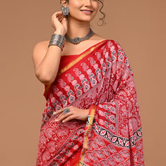 Lovwear Kashvi Bright Red Cotton Mulmul Saree with Classic Ethnic Print - Pallu & Border Detail View