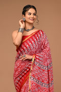 Lovwear Kashvi Bright Red Cotton Mulmul Saree with Classic Ethnic Print