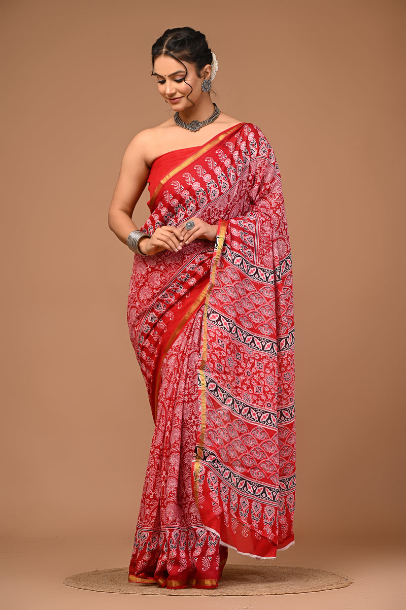 Lovwear Kashvi Bright Red Cotton Mulmul Saree with Classic Ethnic Print - Fabric Texture View