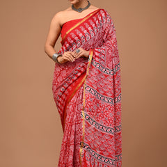 Lovwear Kashvi Bright Red Cotton Mulmul Saree with Classic Ethnic Print - Fabric Texture View