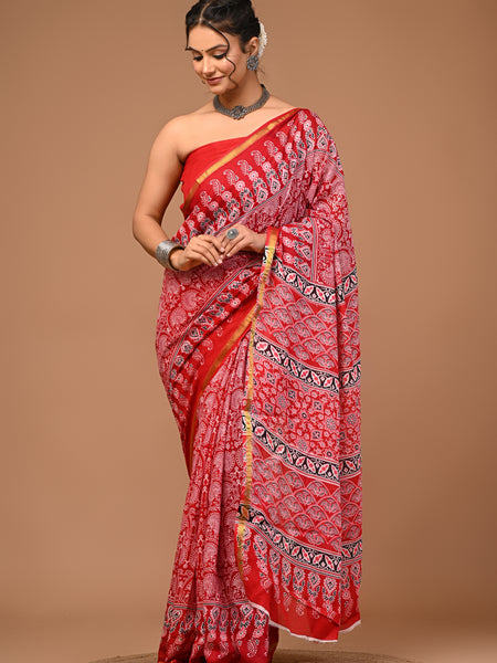Lovwear Kashvi Bright Red Cotton Mulmul Saree with Classic Ethnic Print - Fabric Texture View