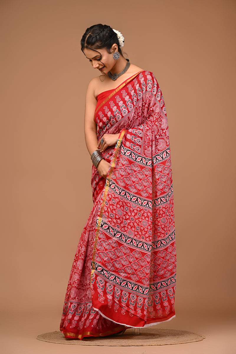 Lovwear Kashvi Bright Red Cotton Mulmul Saree with Classic Ethnic Print - Pleats & Full Length View