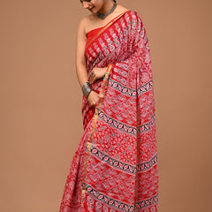 Lovwear Kashvi Bright Red Cotton Mulmul Saree with Classic Ethnic Print - Pleats & Full Length View