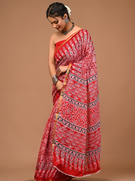 Lovwear Kashvi Bright Red Cotton Mulmul Saree with Classic Ethnic Print - Pleats & Full Length View