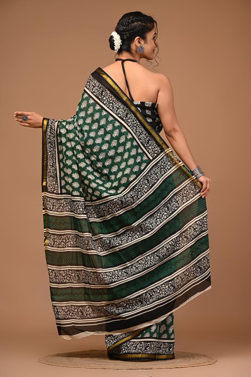 Lovwear Aadhya Forest Green Cotton Mulmul Saree with Rich Golden Zari Border - Front View