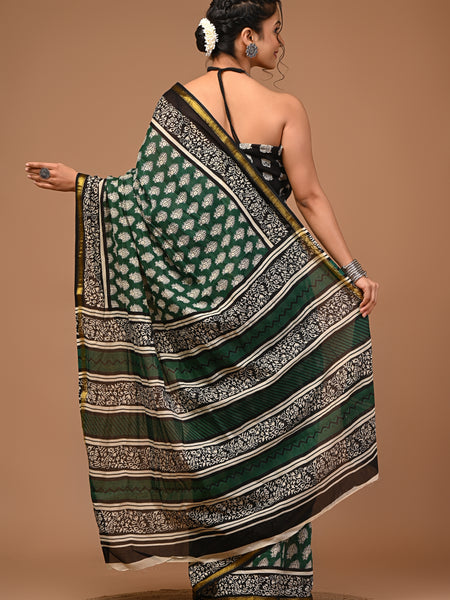 Lovwear Aadhya Forest Green Cotton Mulmul Saree with Rich Golden Zari Border - Front View