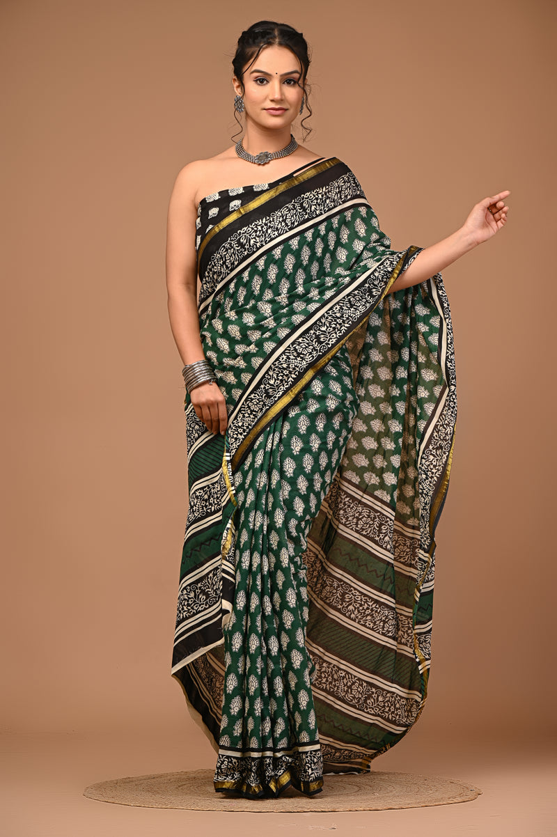 Lovwear Aadhya Forest Green Cotton Mulmul Saree with Rich Golden Zari Border - Pallu & Border Detail View