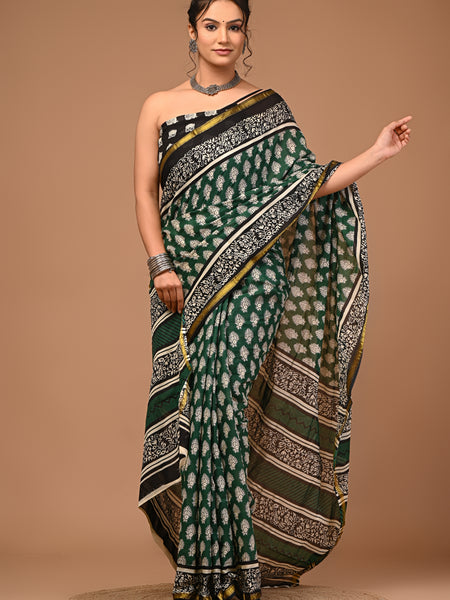 Lovwear Aadhya Forest Green Cotton Mulmul Saree with Rich Golden Zari Border - Pallu & Border Detail View