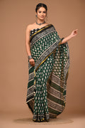 Lovwear Aadhya Forest Green Cotton Mulmul Saree with Rich Golden Zari Border