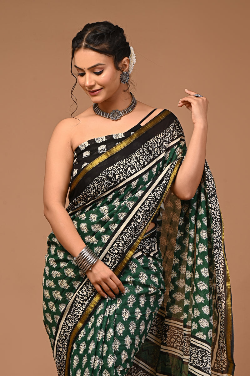 Lovwear Aadhya Forest Green Cotton Mulmul Saree with Rich Golden Zari Border - Fabric Texture View