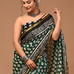 Lovwear Aadhya Forest Green Cotton Mulmul Saree with Rich Golden Zari Border - Fabric Texture View