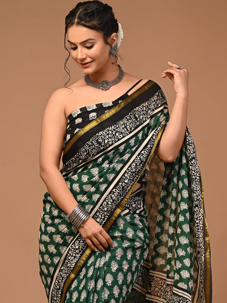 Lovwear Aadhya Forest Green Cotton Mulmul Saree with Rich Golden Zari Border - Fabric Texture View