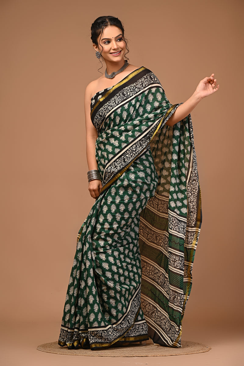 Lovwear Aadhya Forest Green Cotton Mulmul Saree with Rich Golden Zari Border - Pleats & Full Length View