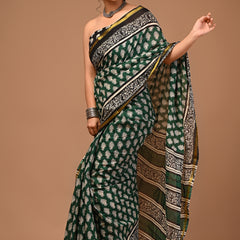 Lovwear Aadhya Forest Green Cotton Mulmul Saree with Rich Golden Zari Border - Pleats & Full Length View