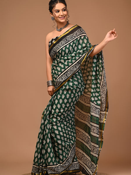 Lovwear Aadhya Forest Green Cotton Mulmul Saree with Rich Golden Zari Border - Pleats & Full Length View