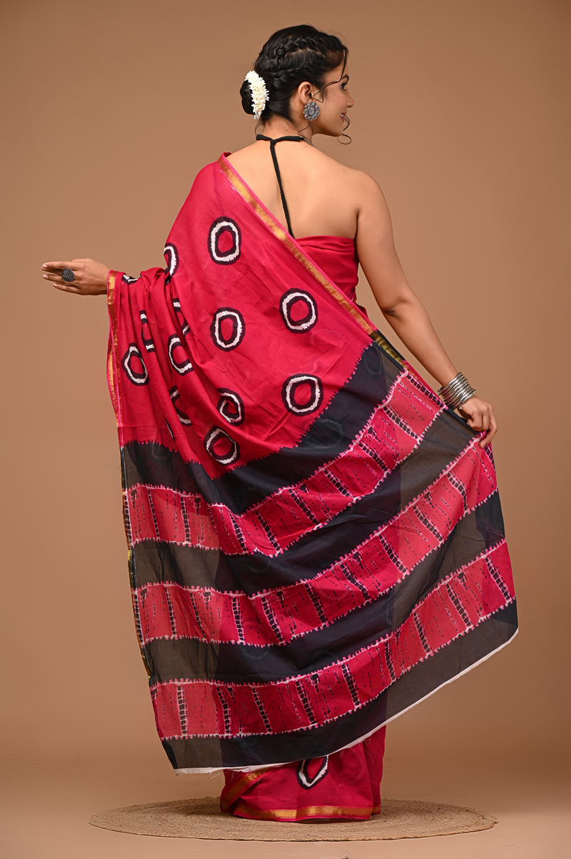 Lovwear Aarohi Rani Pink Cotton Mulmul Saree with Rich Golden Zari Border - Front View