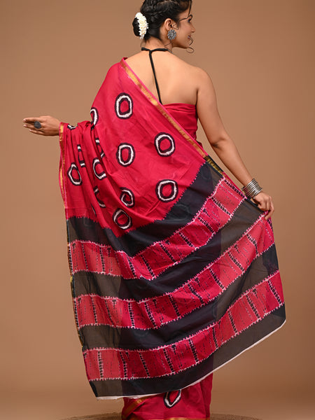 Lovwear Aarohi Rani Pink Cotton Mulmul Saree with Rich Golden Zari Border - Front View