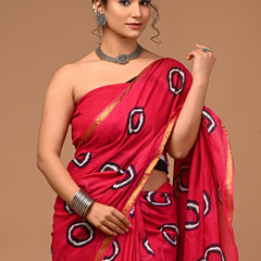 Lovwear Aarohi Rani Pink Cotton Mulmul Saree with Rich Golden Zari Border - Fabric Texture View