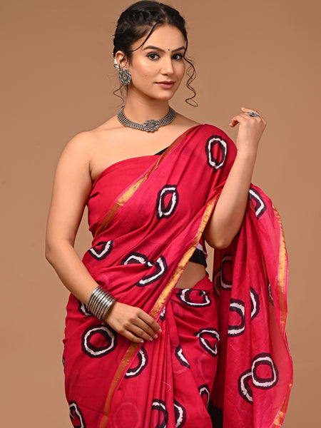 Lovwear Aarohi Rani Pink Cotton Mulmul Saree with Rich Golden Zari Border - Fabric Texture View