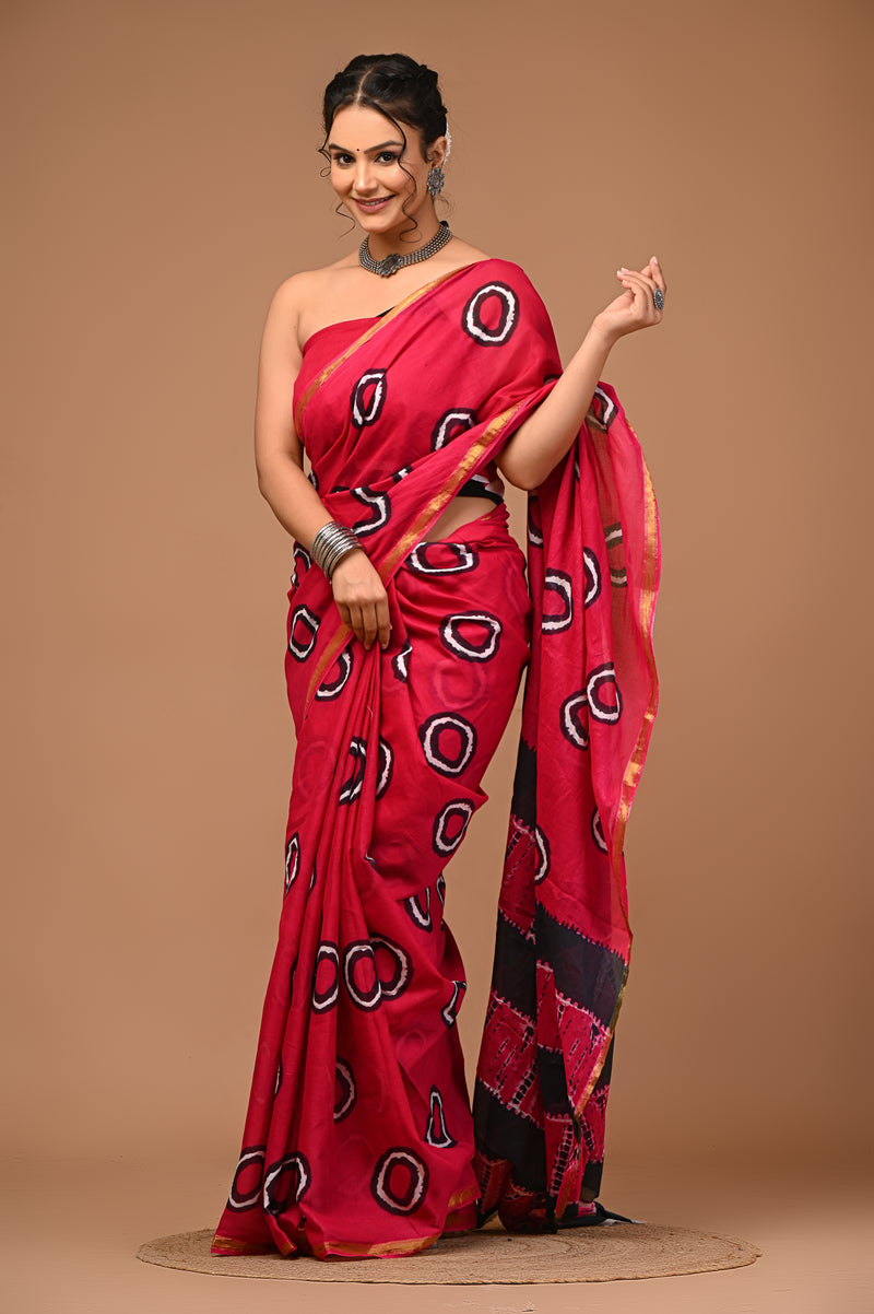 Lovwear Aarohi Rani Pink Cotton Mulmul Saree with Rich Golden Zari Border - Pleats & Full Length View