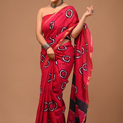 Lovwear Aarohi Rani Pink Cotton Mulmul Saree with Rich Golden Zari Border - Pleats & Full Length View