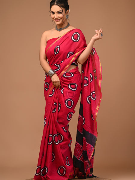 Lovwear Aarohi Rani Pink Cotton Mulmul Saree with Rich Golden Zari Border - Pleats & Full Length View