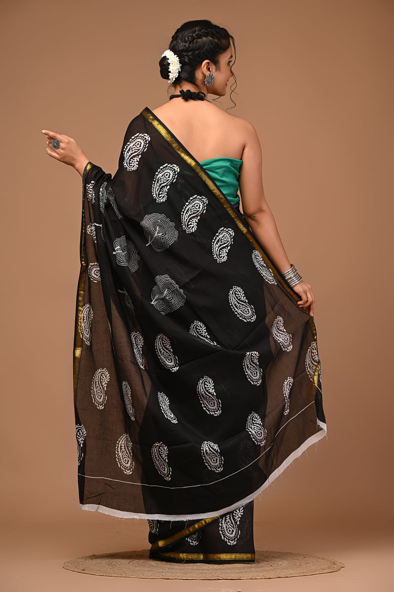 Lovwear Black Patta Stripes Cotton MulMul Saree with Zari Border - Front View