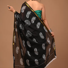 Lovwear Black Patta Stripes Cotton MulMul Saree with Zari Border - Front View