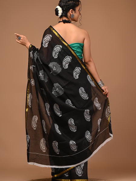 Lovwear Black Patta Stripes Cotton MulMul Saree with Zari Border - Front View