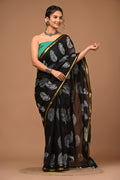 Lovwear Black Patta Stripes Cotton MulMul Saree with Zari Border