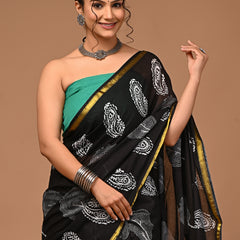 Lovwear Black Patta Stripes Cotton MulMul Saree with Zari Border - Fabric Texture View