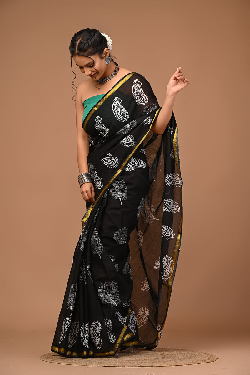 Lovwear Black Patta Stripes Cotton MulMul Saree with Zari Border - Pleats & Full Length View