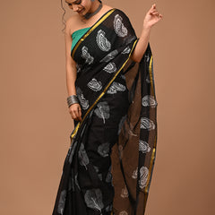Lovwear Black Patta Stripes Cotton MulMul Saree with Zari Border - Pleats & Full Length View