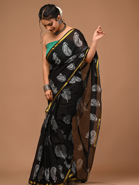 Lovwear Black Patta Stripes Cotton MulMul Saree with Zari Border - Pleats & Full Length View