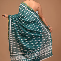 Lovwear Green Fish Motif Cotton MulMul Saree with Zari Border - Front View