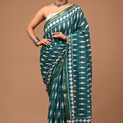 Lovwear Green Fish Motif Cotton MulMul Saree with Zari Border - Pallu & Border Detail View