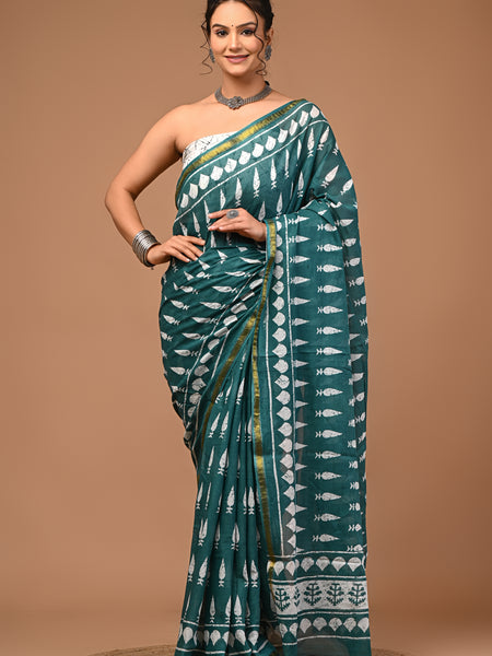 Lovwear Green Fish Motif Cotton MulMul Saree with Zari Border - Pallu & Border Detail View