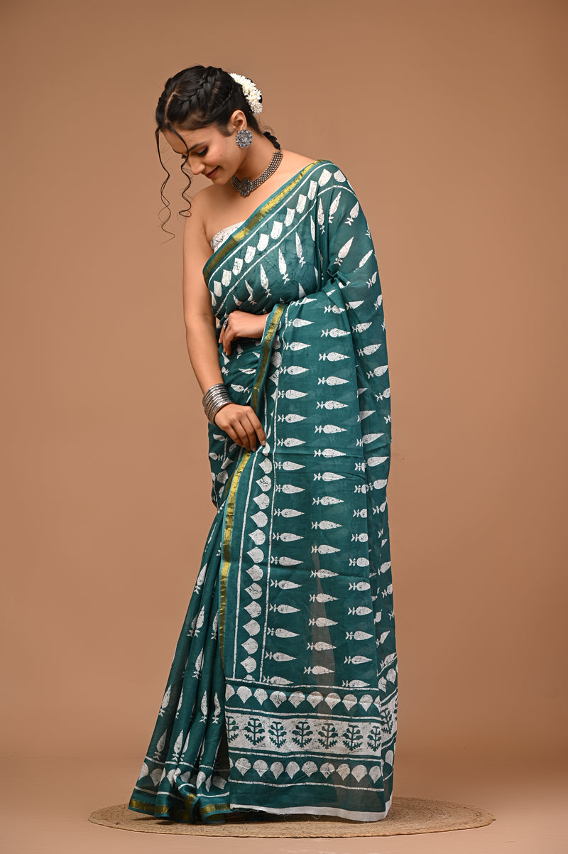 Lovwear Green Fish Motif Cotton MulMul Saree with Zari Border - Pleats & Full Length View