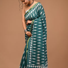 Lovwear Green Fish Motif Cotton MulMul Saree with Zari Border - Pleats & Full Length View