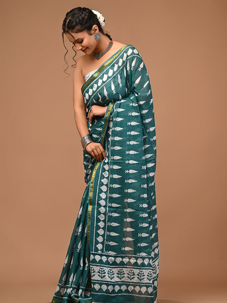 Lovwear Green Fish Motif Cotton MulMul Saree with Zari Border - Pleats & Full Length View
