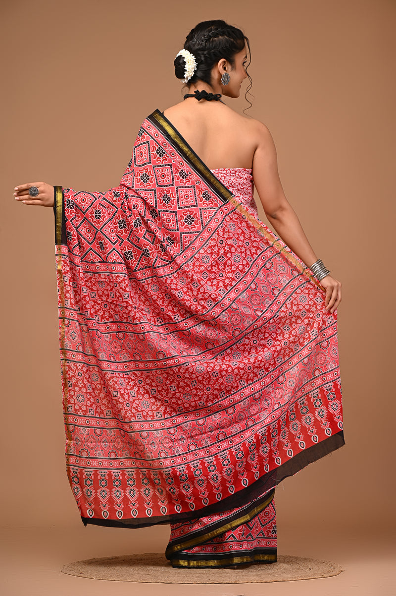 Lovwear Red Chakri Wheel Cotton MulMul Saree with Zari Border - Front View