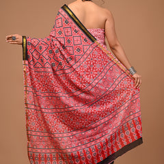 Lovwear Red Chakri Wheel Cotton MulMul Saree with Zari Border - Front View